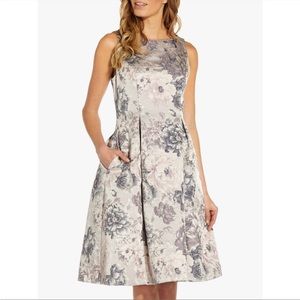 Adrianna Papell Fit and Flare Jacquard Metallic Silver Floral Dress